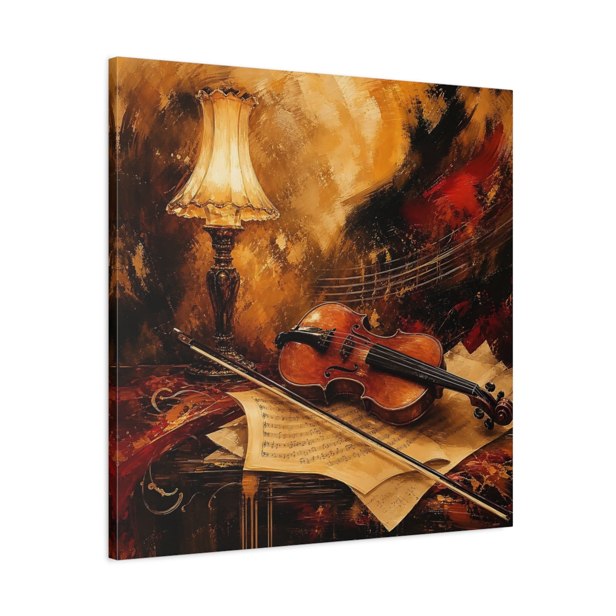 Side Mockup 3. Vintage Violin Brown And Gold shown as canvas print