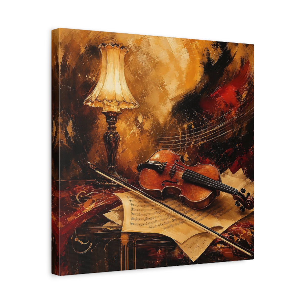 Side Mockup 6. Vintage Violin Brown And Gold shown as canvas print