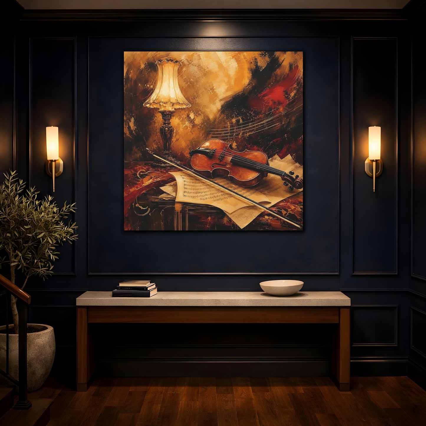 Mockup 4. Vintage Violin Brown And Gold shown as canvas print