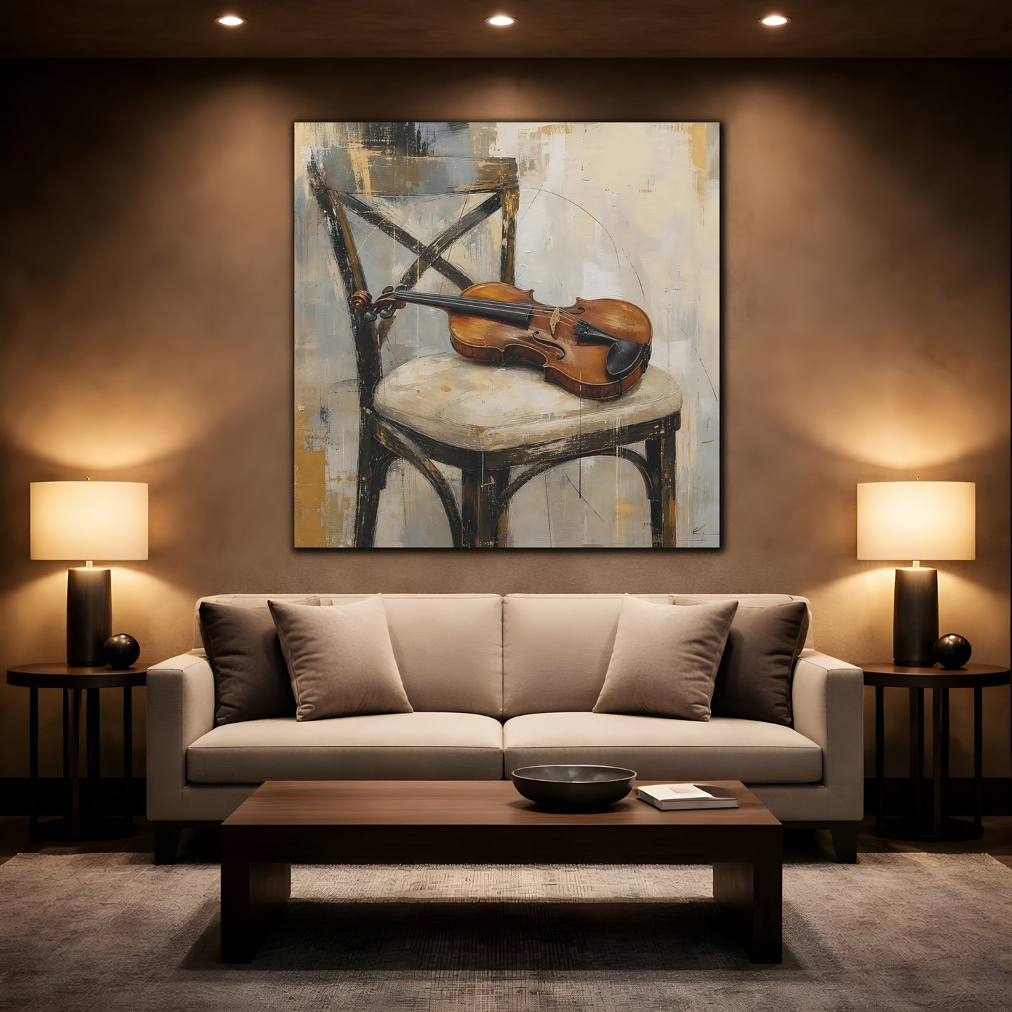 Mockup 2. Vintage Violin Brown And Gray shown as canvas print