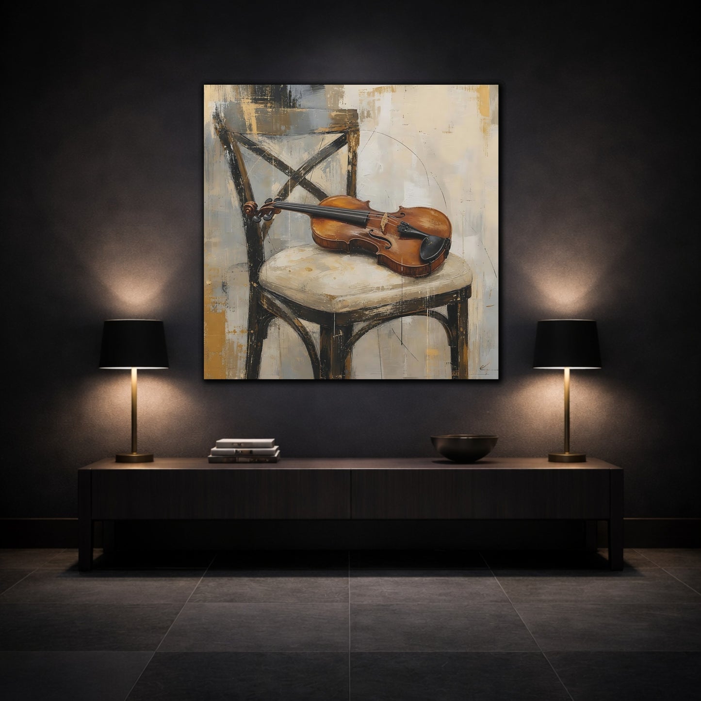 Mockup 3. Vintage Violin Brown And Gray shown as canvas print