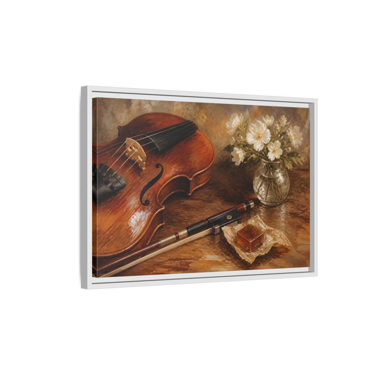 Side Mockup 1. Vintage Violin Brown And White shown as framed canvas print