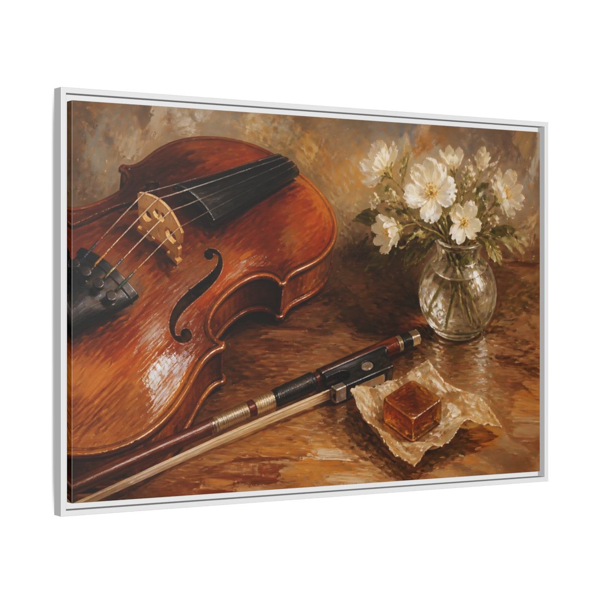 Side Mockup 7. Vintage Violin Brown And White shown as framed canvas print