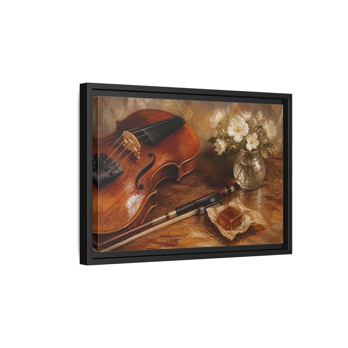 Side Mockup 6. Vintage Violin Brown And White shown as framed canvas print
