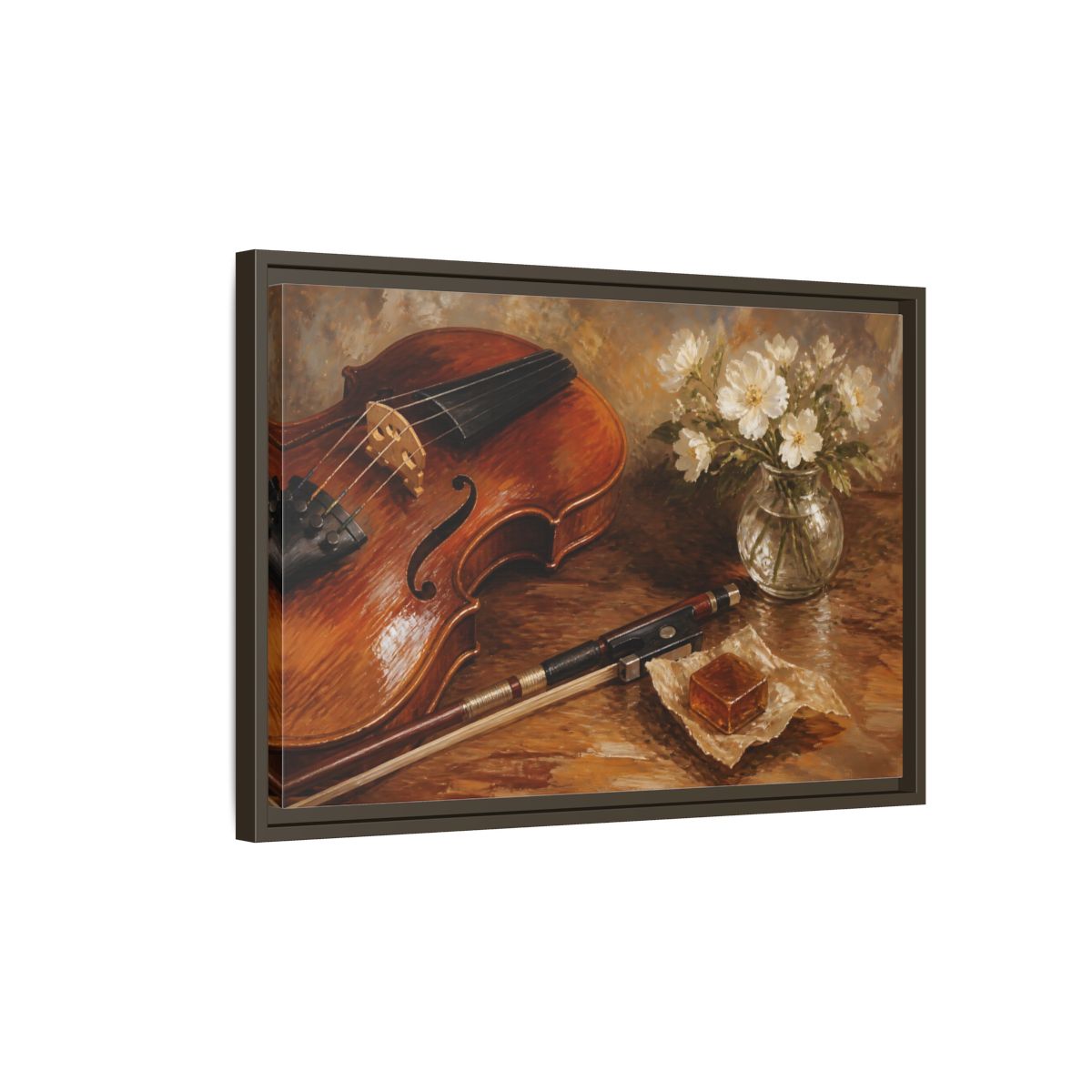 Side Mockup 2. Vintage Violin Brown And White shown as framed canvas print