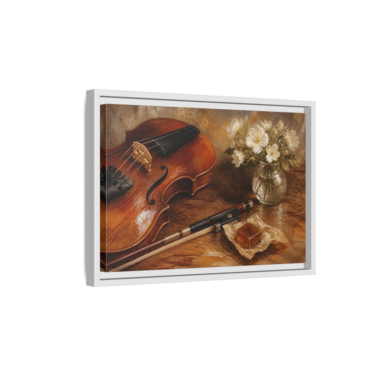 Side Mockup 4. Vintage Violin Brown And White shown as framed canvas print