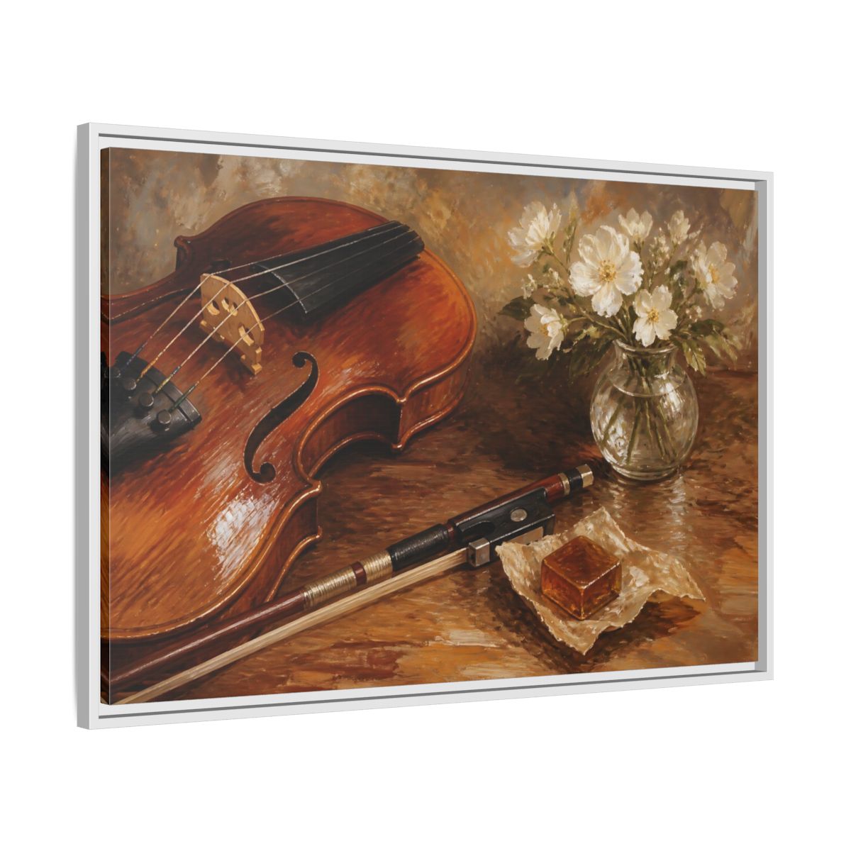 Side Mockup 9. Vintage Violin Brown And White shown as framed canvas print
