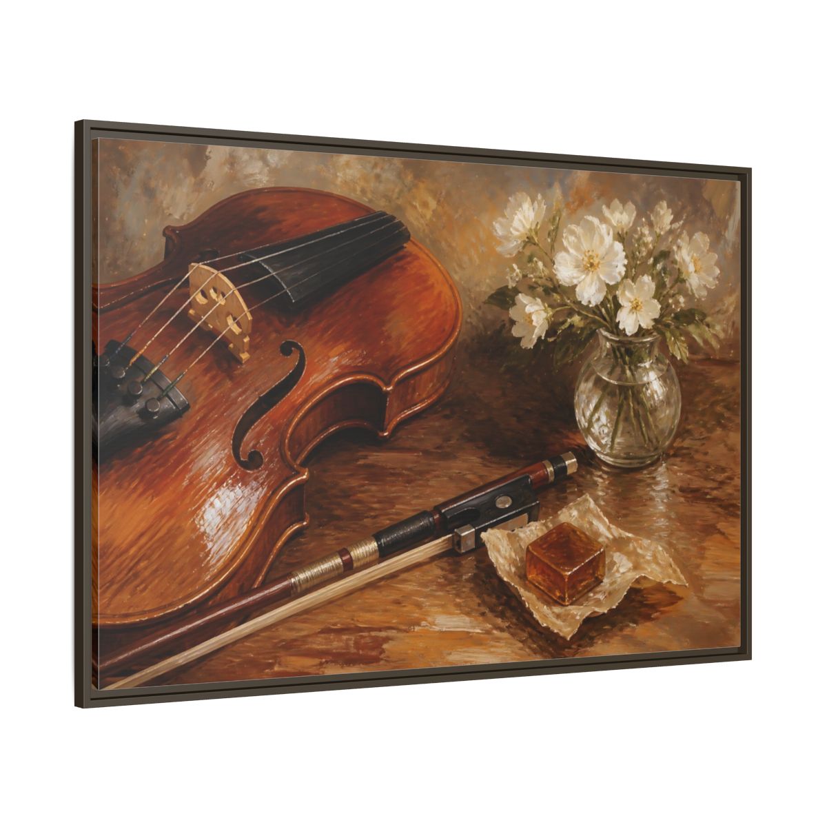 Side Mockup 8. Vintage Violin Brown And White shown as framed canvas print
