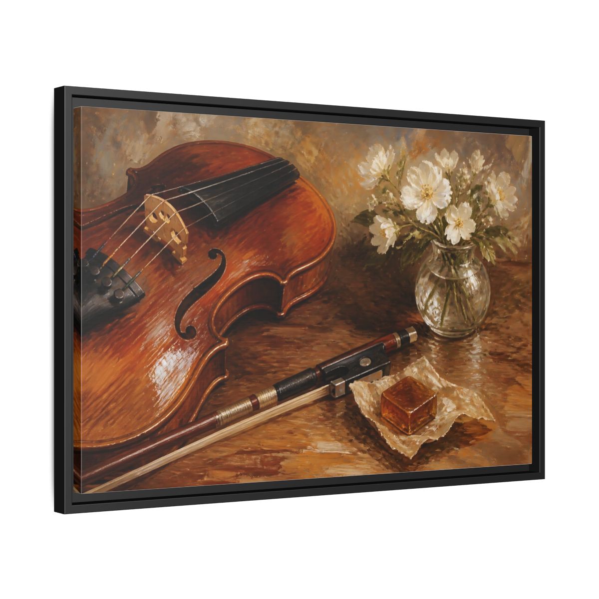 Side Mockup 14. Vintage Violin Brown And White shown as framed canvas print