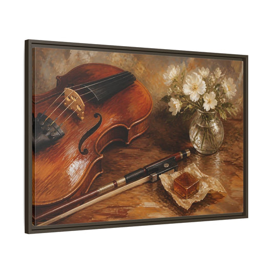 Main Mockup. Vintage Violin Brown And White shown as framed canvas print