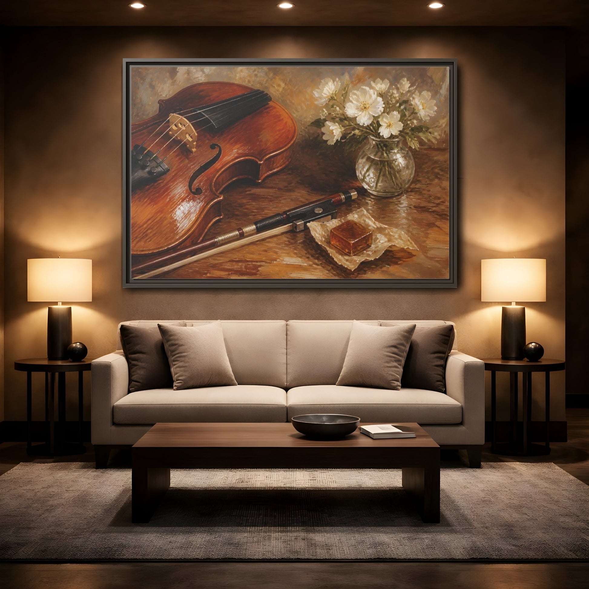 Mockup 2. Vintage Violin Brown And White shown as framed canvas print