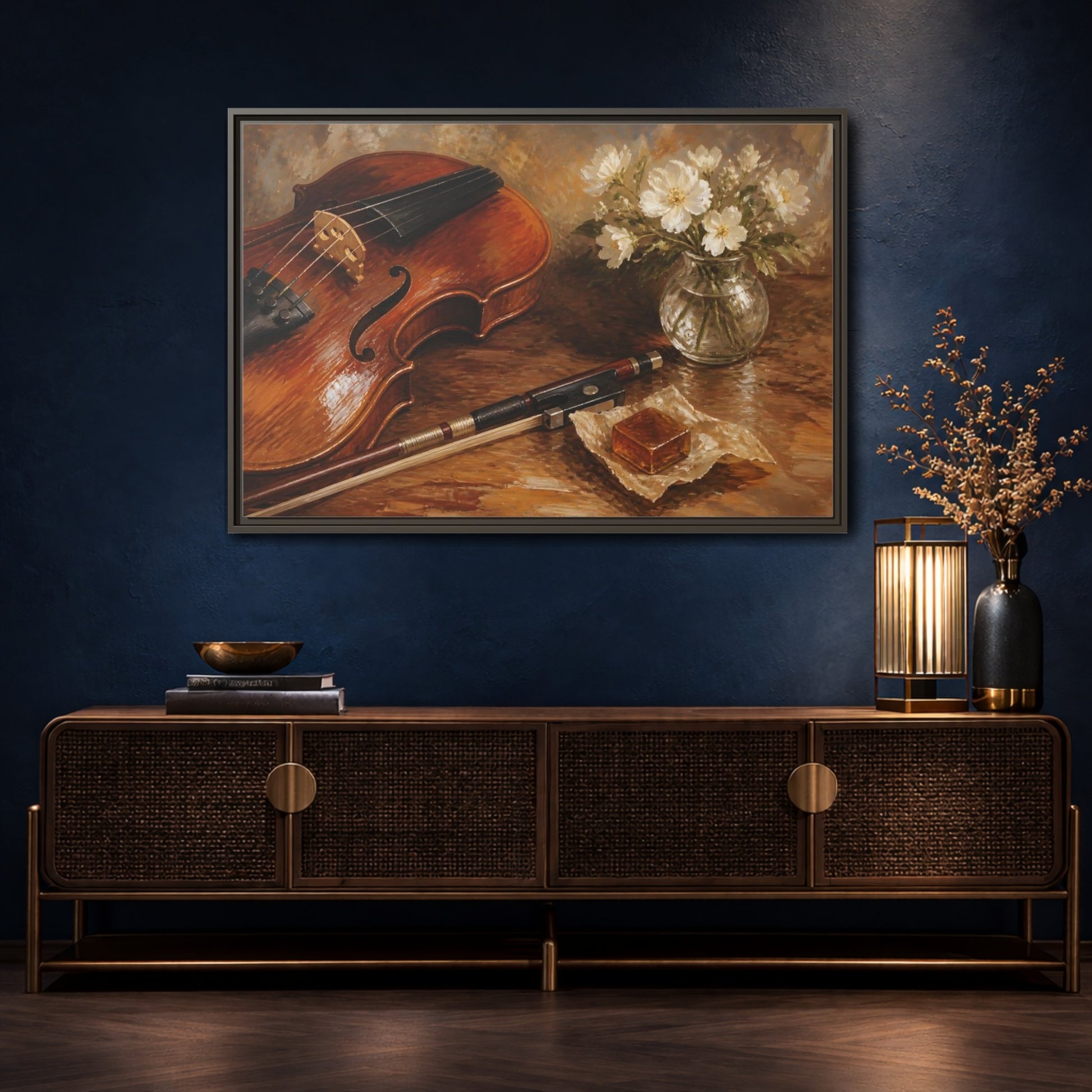 Mockup 4. Vintage Violin Brown And White shown as framed canvas print