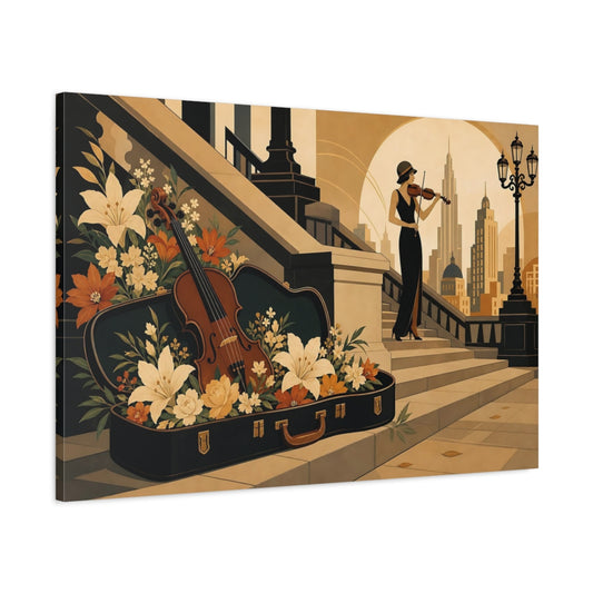 Main Mockup. Vintage Violin Cream Orange Art Deco shown as canvas print