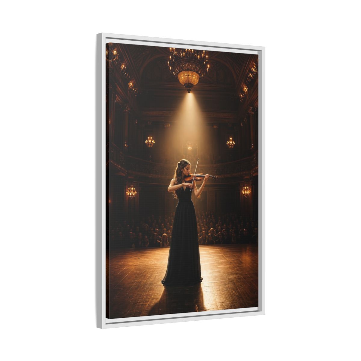 Side Mockup 10. Vintage Violinist Warm Gold Black shown as stretched canvas wall art