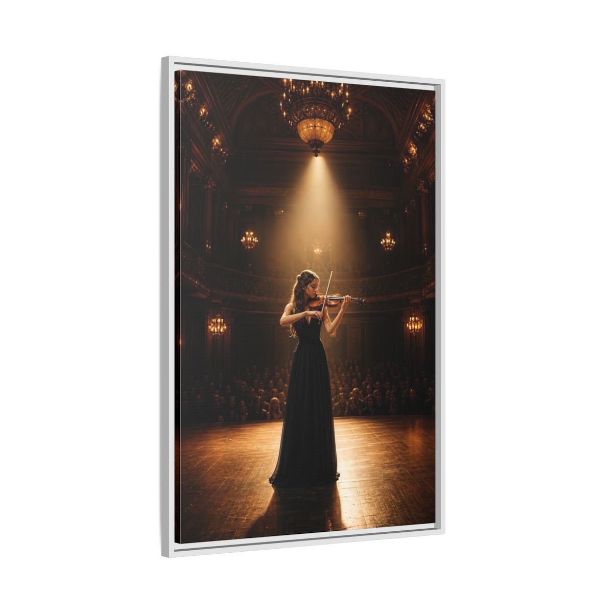 Side Mockup 9. Vintage Violinist Warm Gold Black shown as stretched canvas wall art