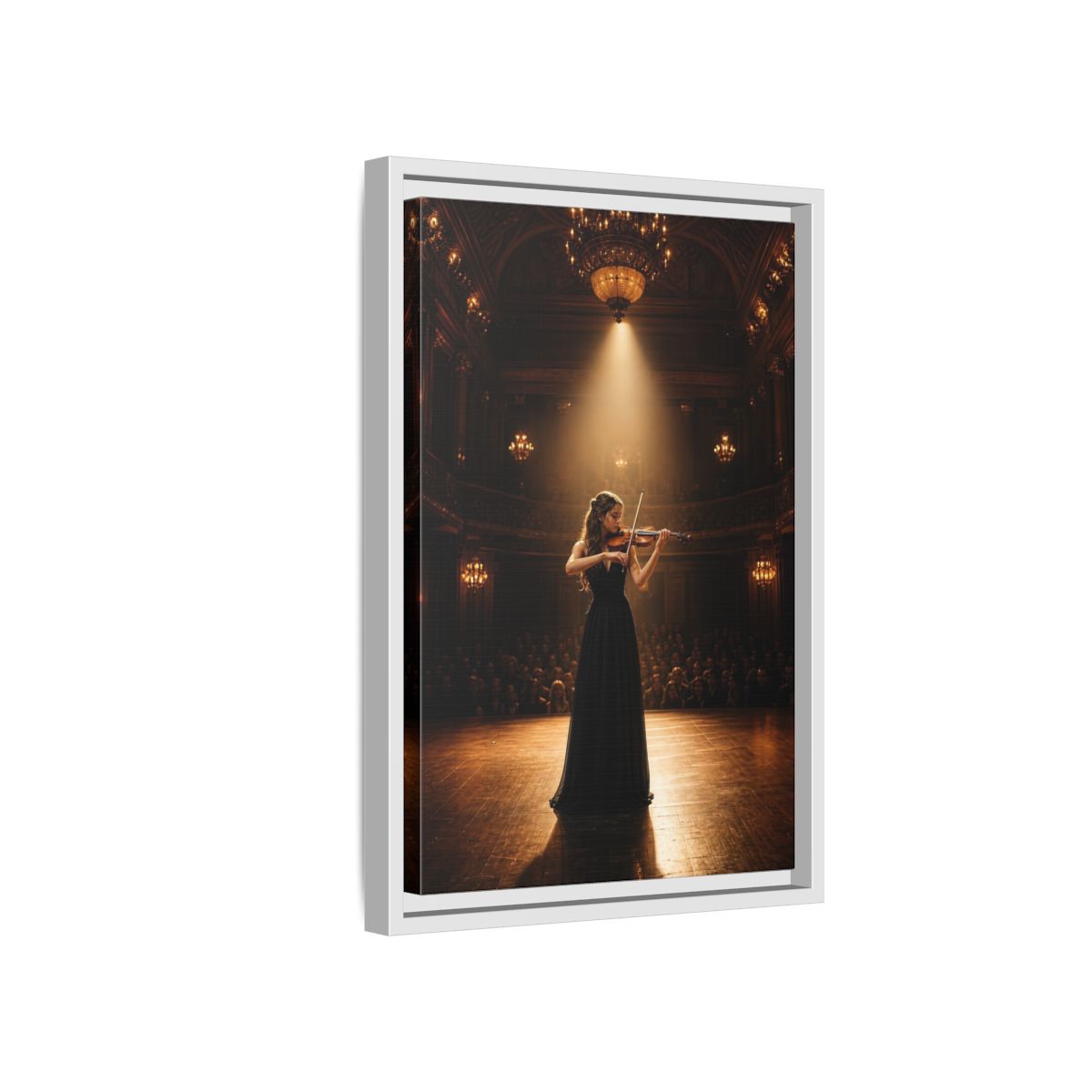 Side Mockup 4. Vintage Violinist Warm Gold Black shown as stretched canvas wall art