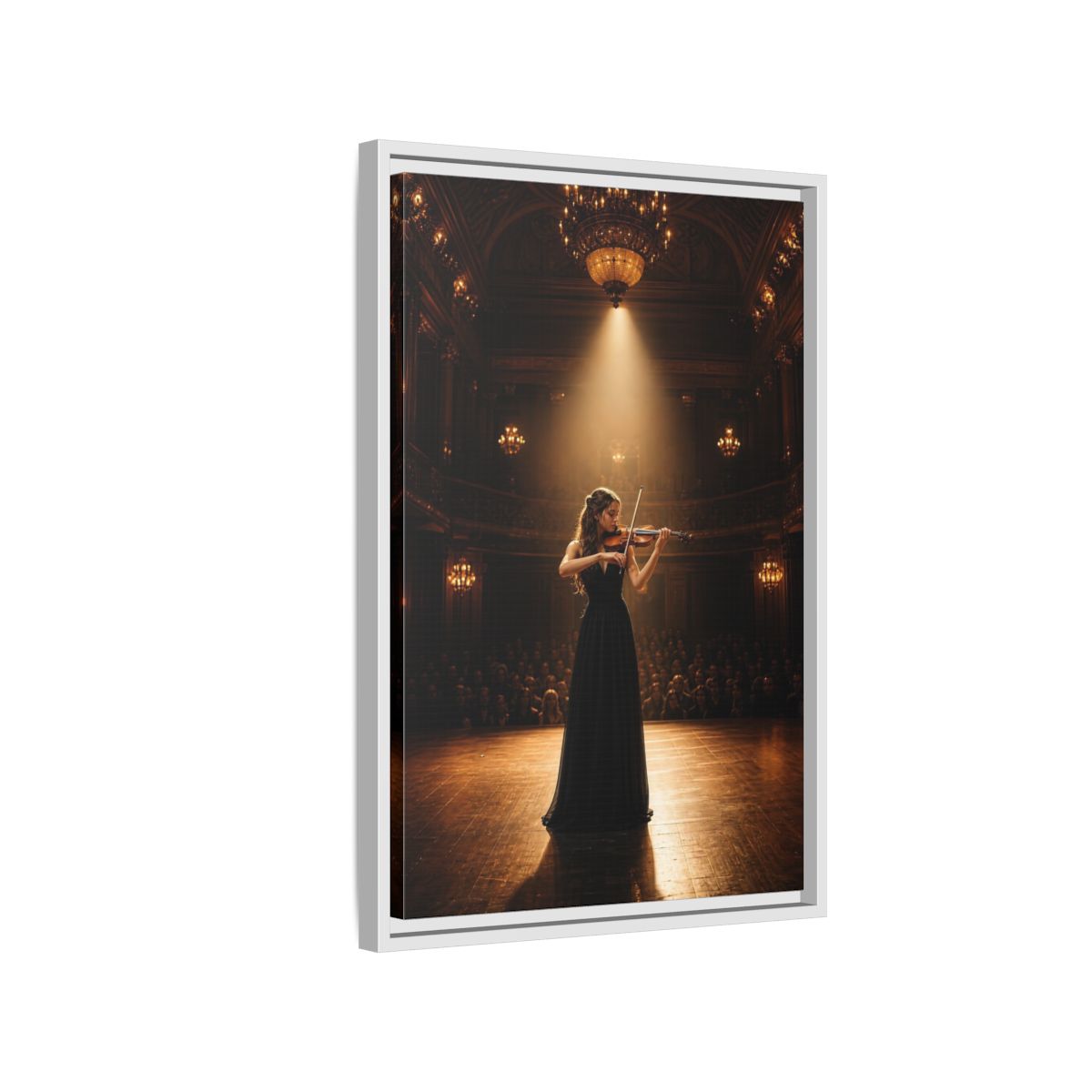 Side Mockup 1. Vintage Violinist Warm Gold Black shown as stretched canvas wall art