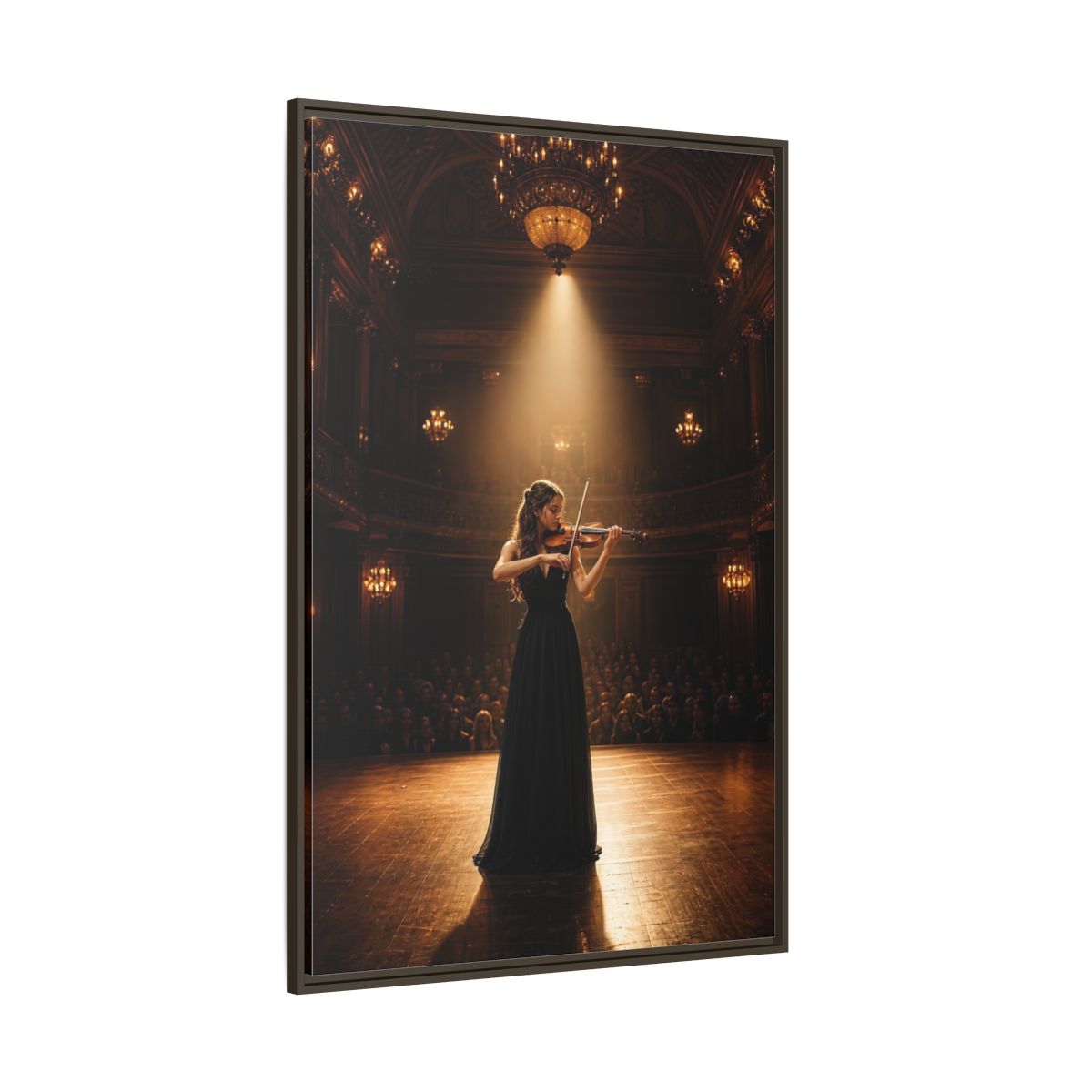 Side Mockup 8. Vintage Violinist Warm Gold Black shown as stretched canvas wall art