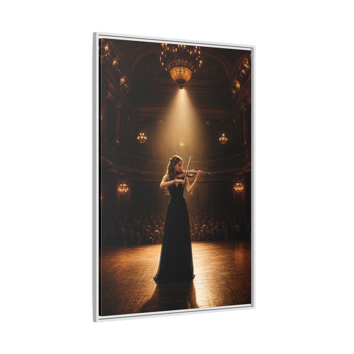 Side Mockup 7. Vintage Violinist Warm Gold Black shown as stretched canvas wall art