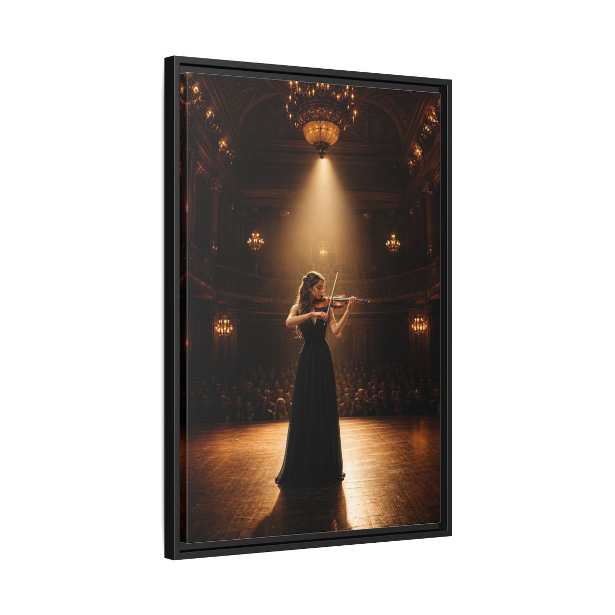 Side Mockup 14. Vintage Violinist Warm Gold Black shown as stretched canvas wall art