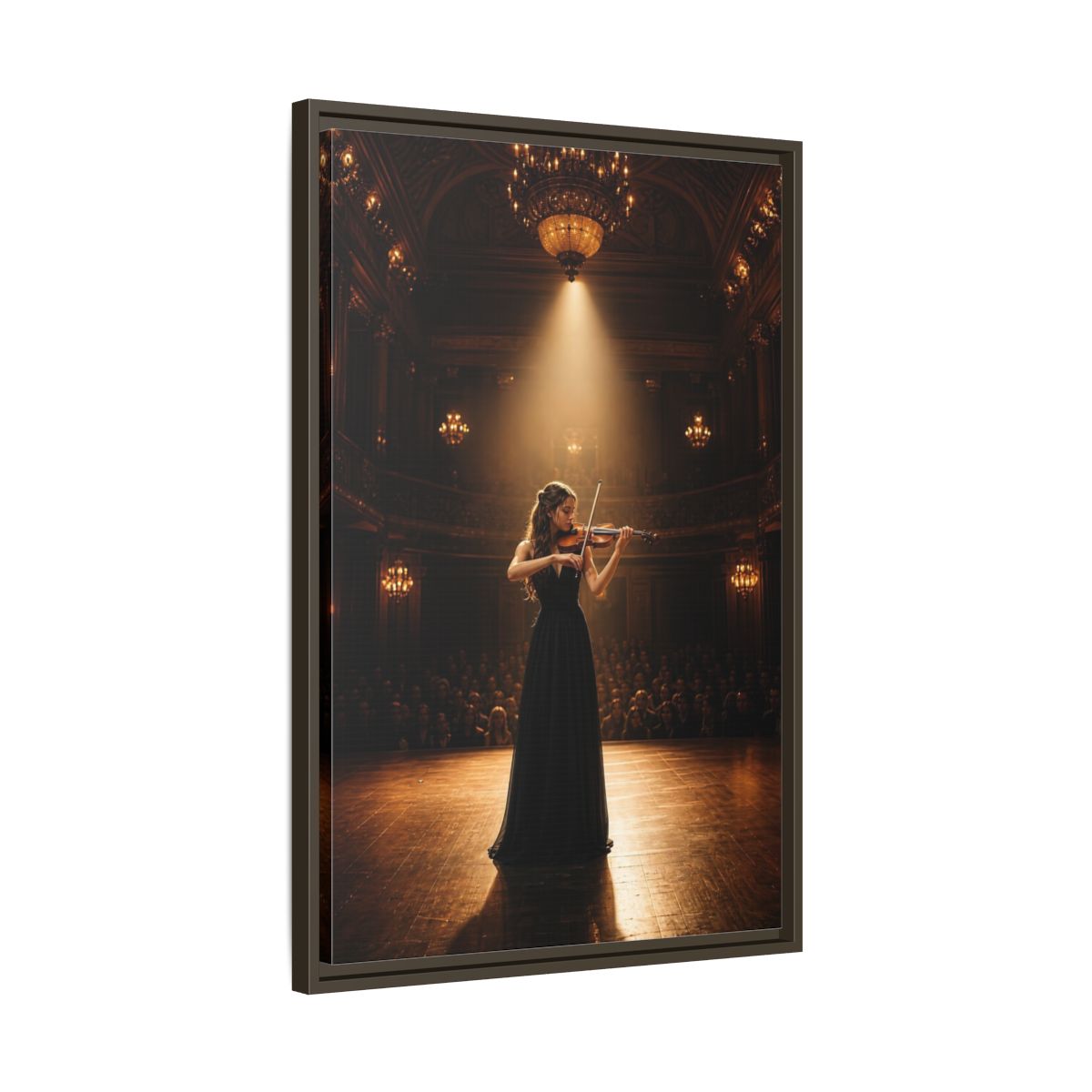Side Mockup 11. Vintage Violinist Warm Gold Black shown as stretched canvas wall art