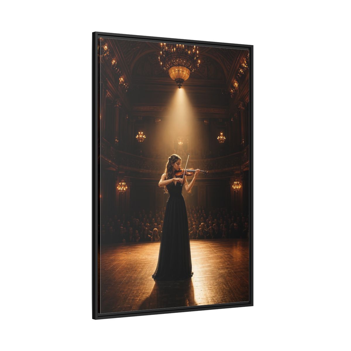 Side Mockup 12. Vintage Violinist Warm Gold Black shown as stretched canvas wall art