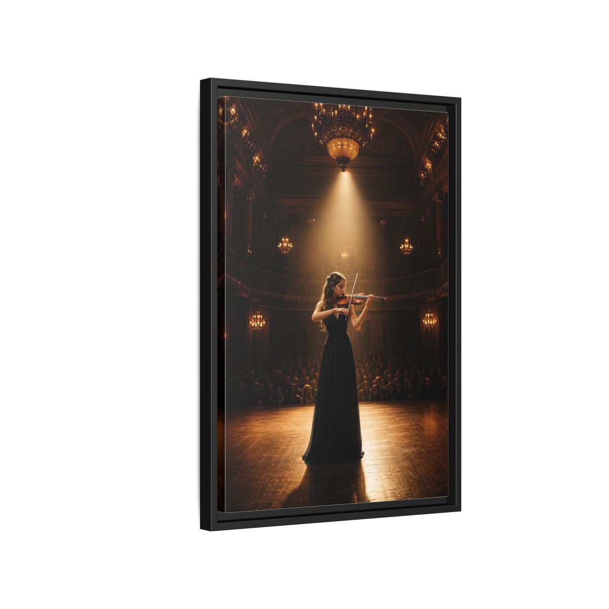 Side Mockup 3. Vintage Violinist Warm Gold Black shown as stretched canvas wall art
