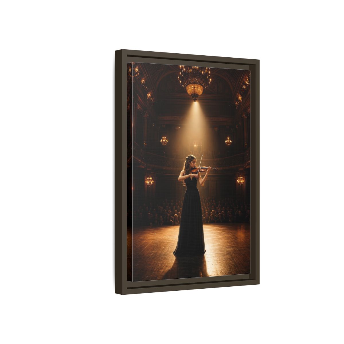 Side Mockup 5. Vintage Violinist Warm Gold Black shown as stretched canvas wall art