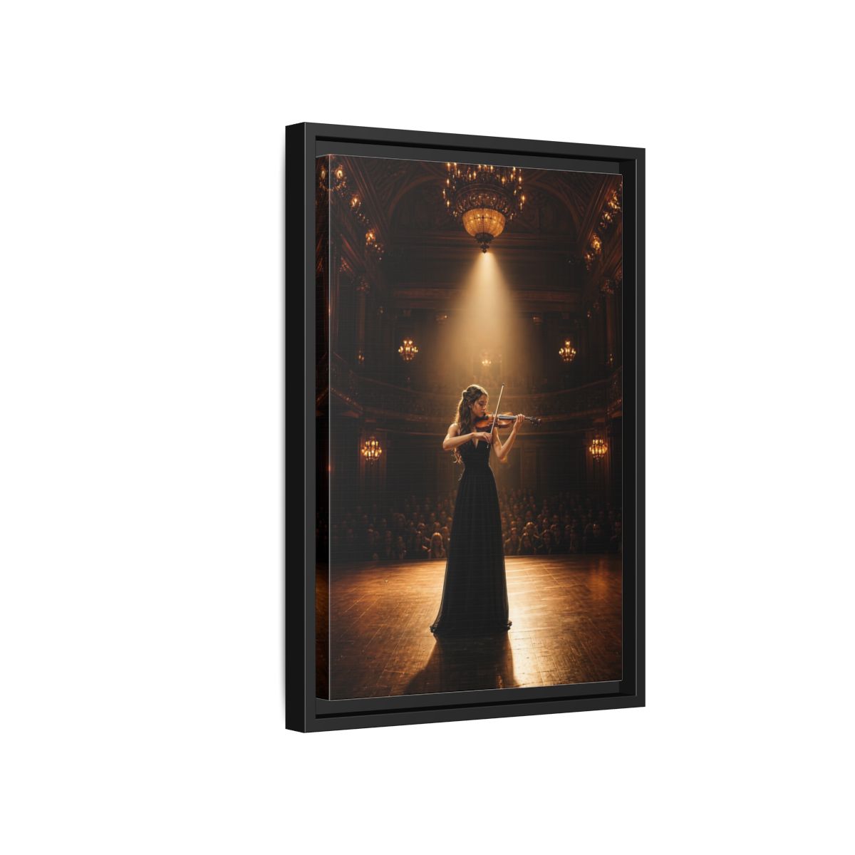 Side Mockup 6. Vintage Violinist Warm Gold Black shown as stretched canvas wall art