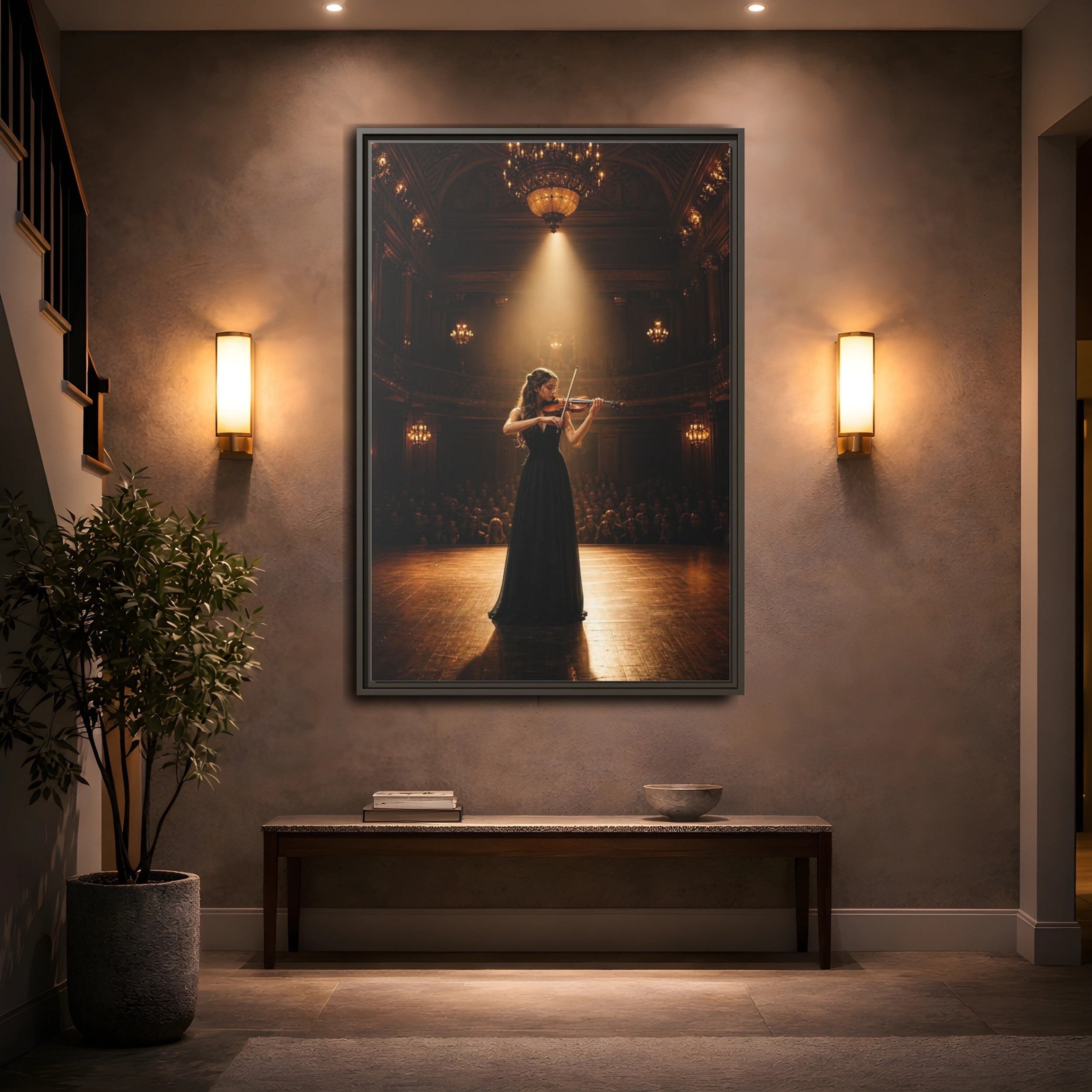 Mockup 2. Vintage Violinist Warm Gold Black shown as stretched canvas wall art