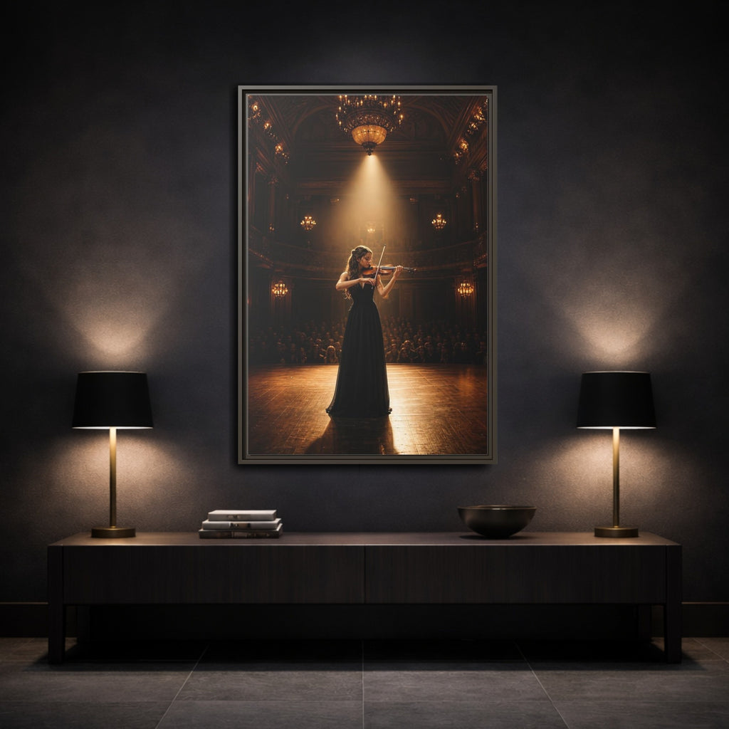 Mockup 3. Vintage Violinist Warm Gold Black shown as stretched canvas wall art