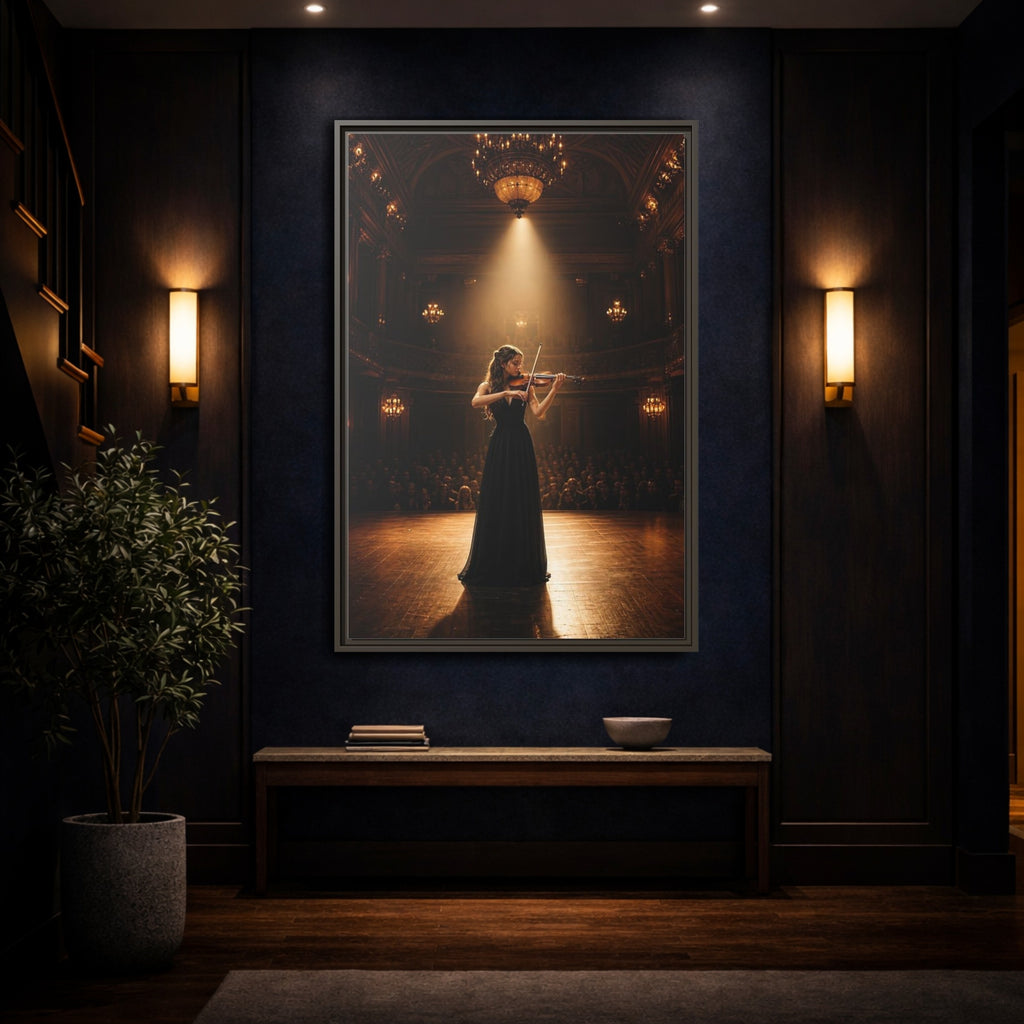 Mockup 4. Vintage Violinist Warm Gold Black shown as stretched canvas wall art