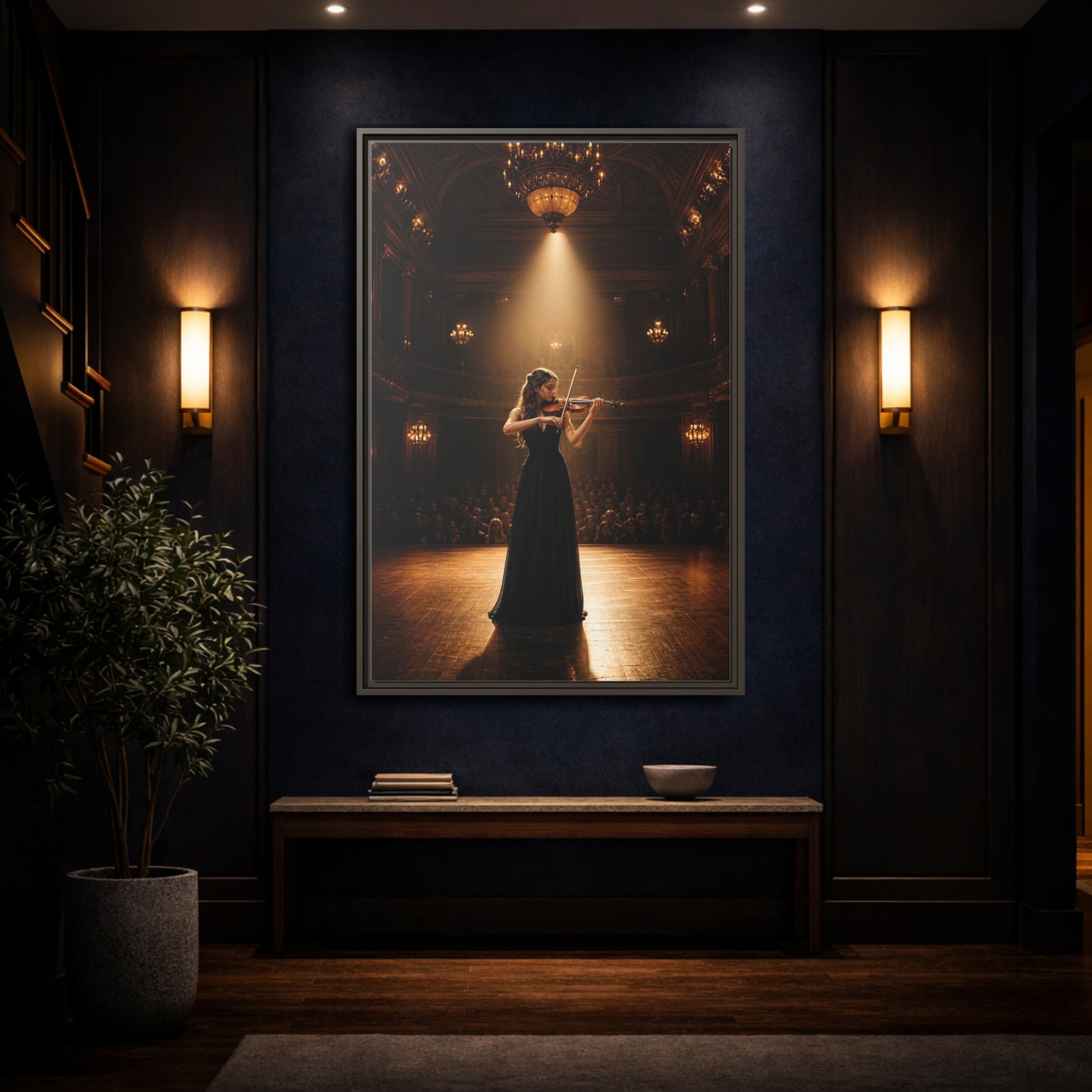 Mockup 4. Vintage Violinist Warm Gold Black shown as stretched canvas wall art