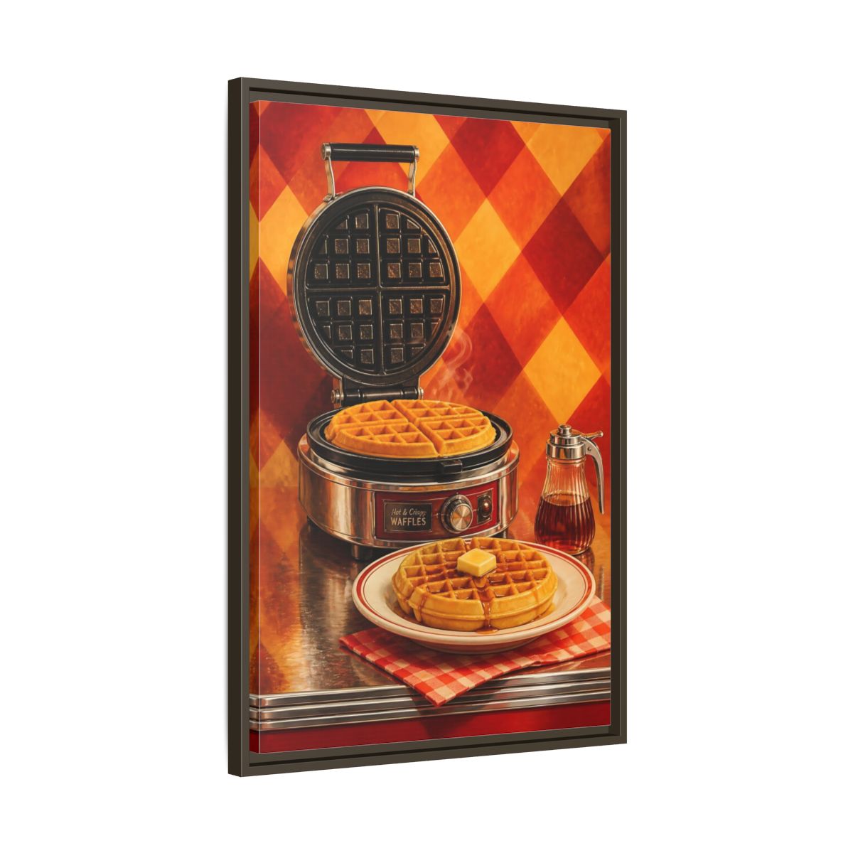 Side Mockup 11. Vintage Waffles Warm Waffles shown as framed canvas print