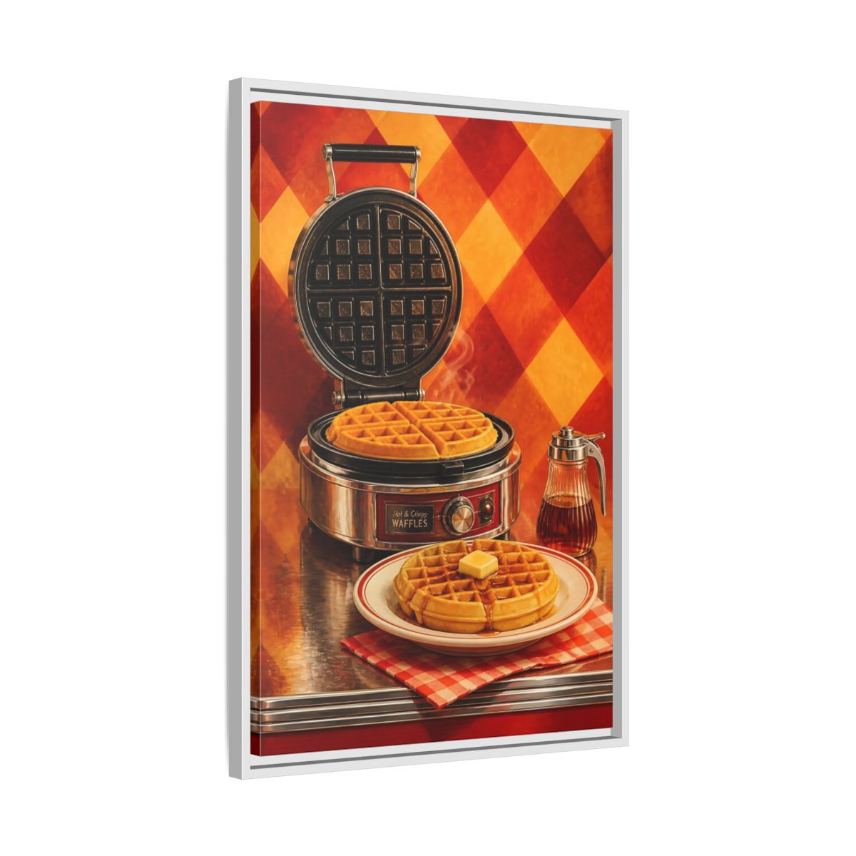 Side Mockup 10. Vintage Waffles Warm Waffles shown as framed canvas print