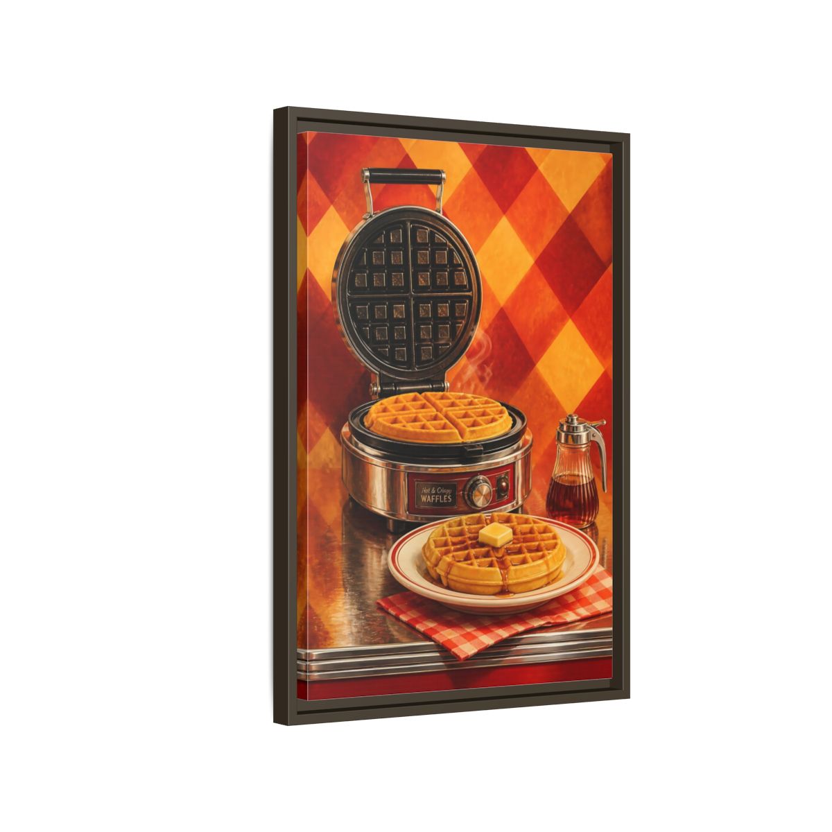 Side Mockup 2. Vintage Waffles Warm Waffles shown as framed canvas print