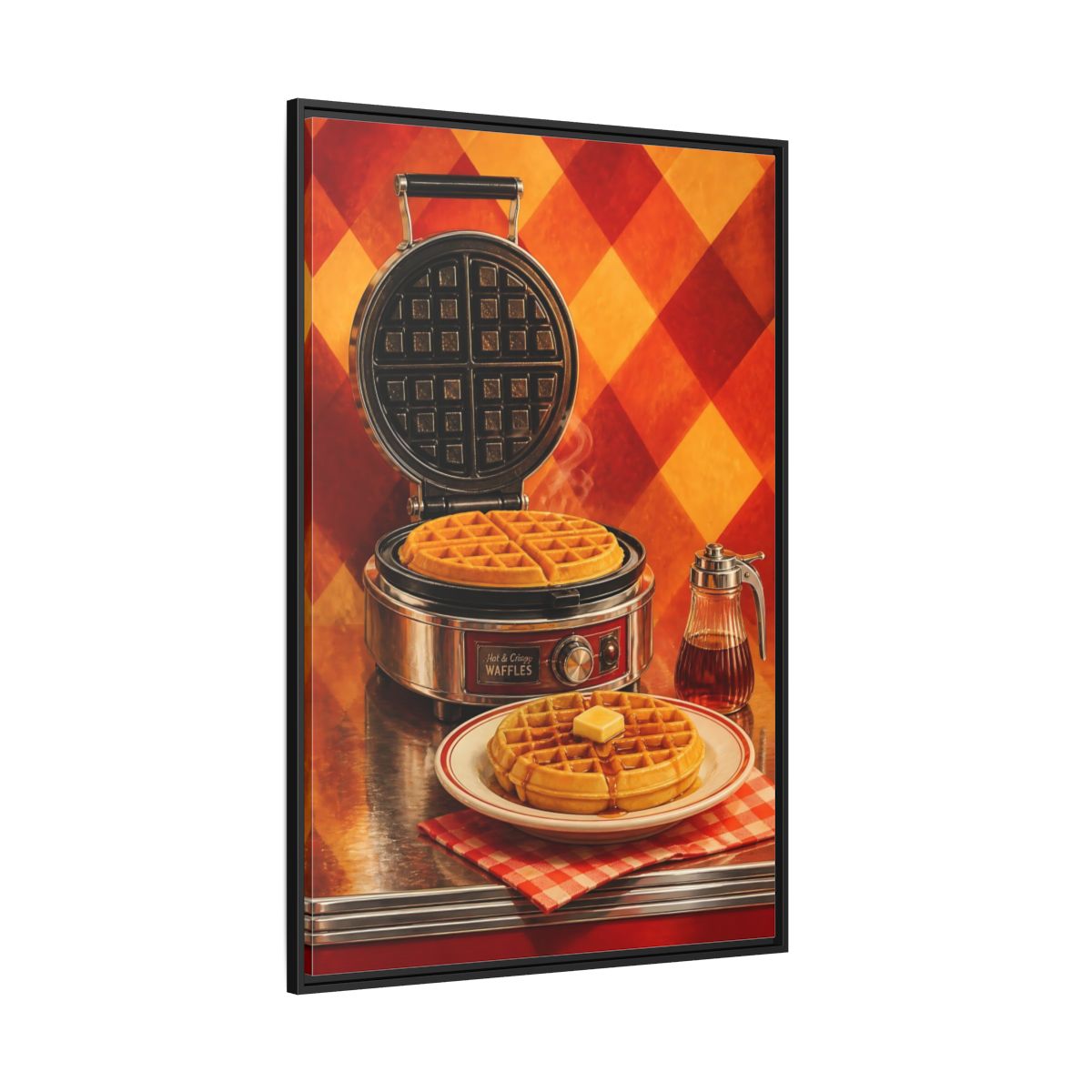 Side Mockup 12. Vintage Waffles Warm Waffles shown as framed canvas print
