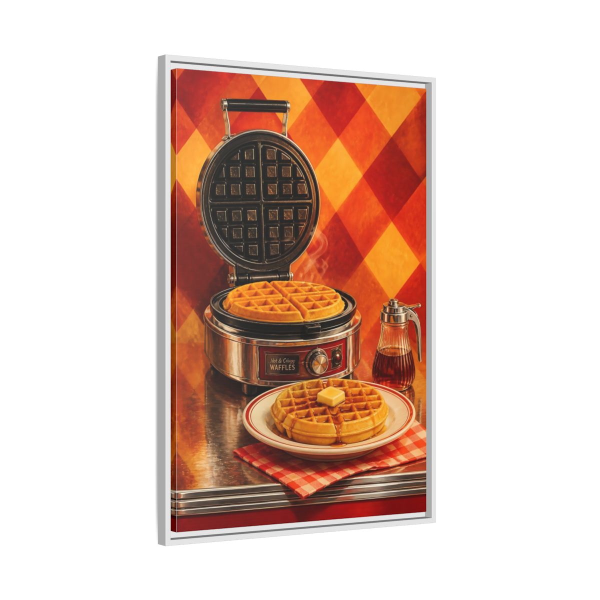 Side Mockup 9. Vintage Waffles Warm Waffles shown as framed canvas print