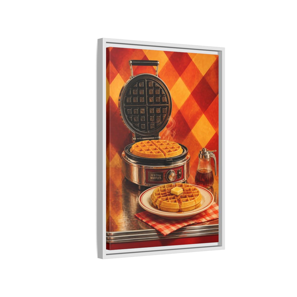 Side Mockup 1. Vintage Waffles Warm Waffles shown as framed canvas print