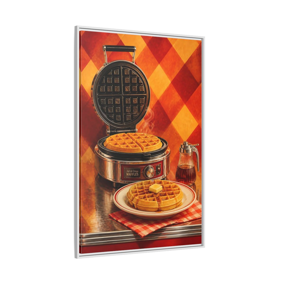 Side Mockup 7. Vintage Waffles Warm Waffles shown as framed canvas print