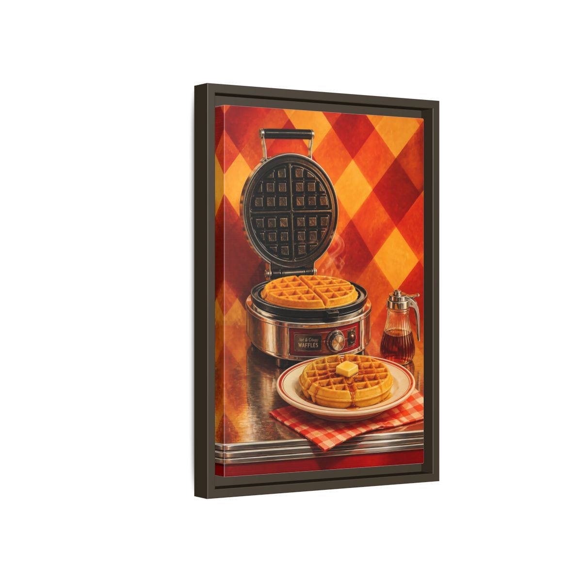 Side Mockup 5. Vintage Waffles Warm Waffles shown as framed canvas print