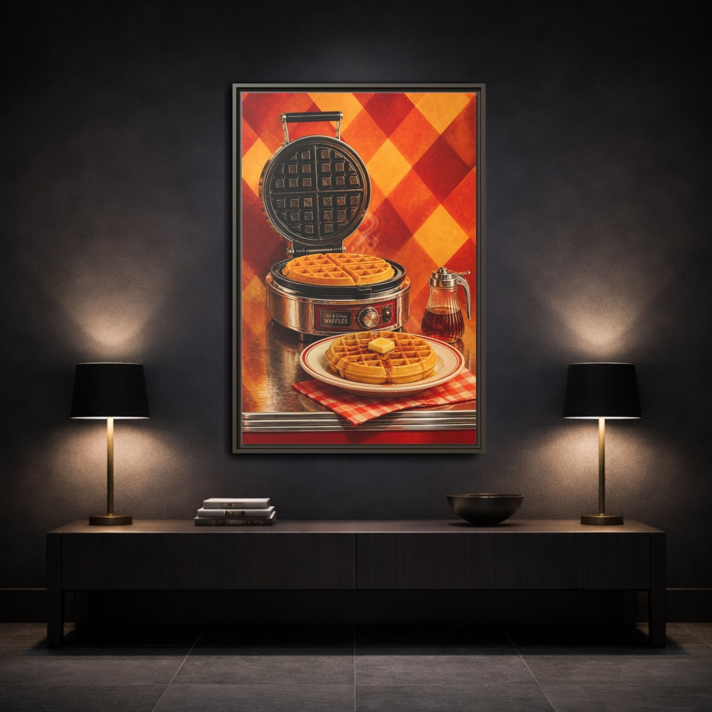 Mockup 2. Vintage Waffles Warm Waffles shown as framed canvas print