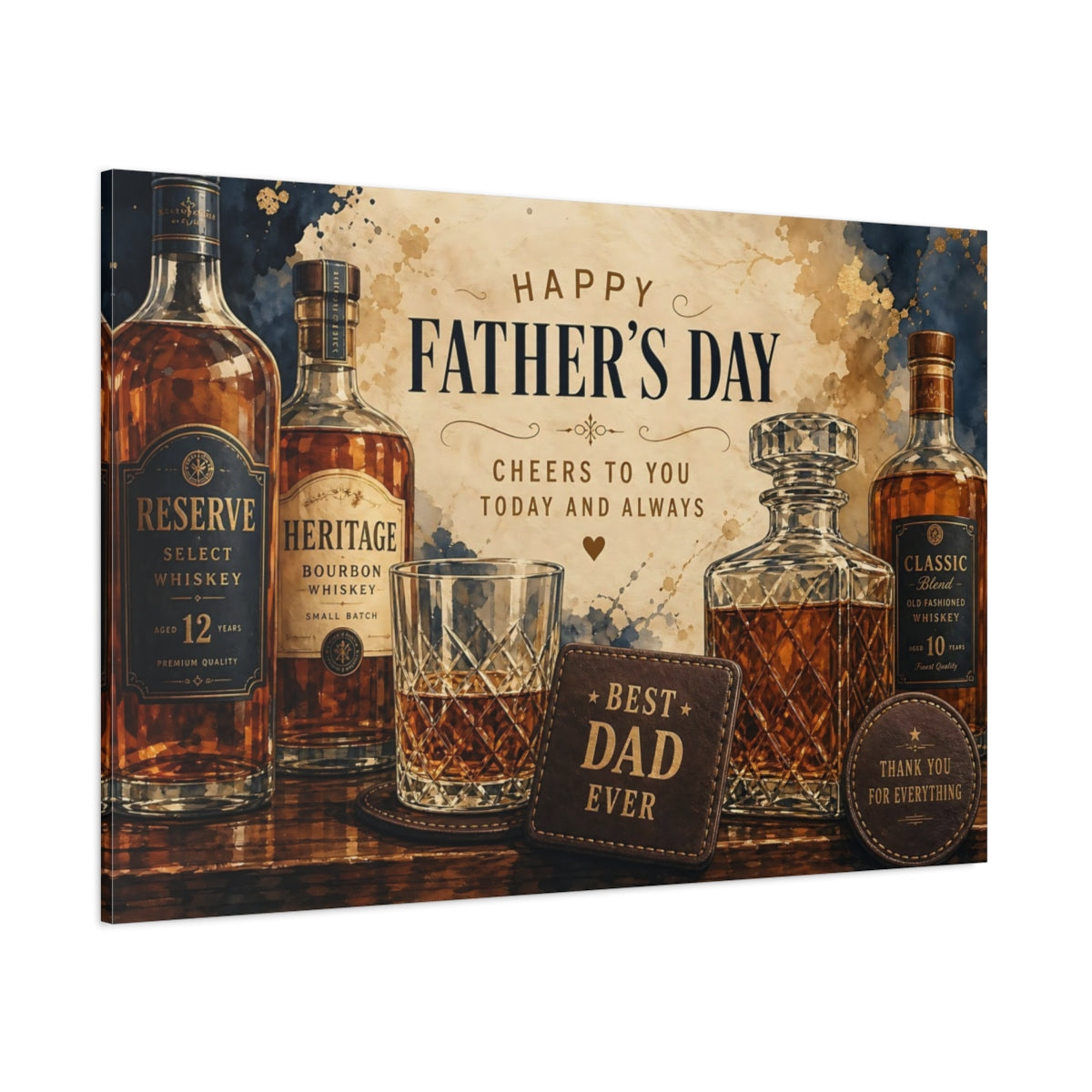 Side Mockup 1. Vintage Whiskey Bottles Father'S Day Whiskey shown as stretched canvas wall art