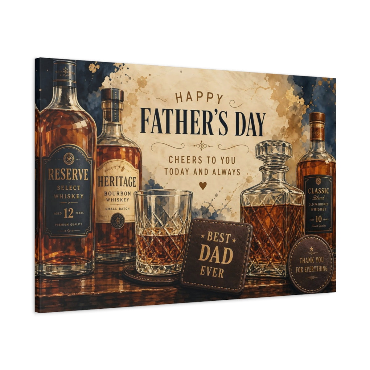 Main Mockup. Vintage Whiskey Bottles Father'S Day Whiskey shown as stretched canvas wall art