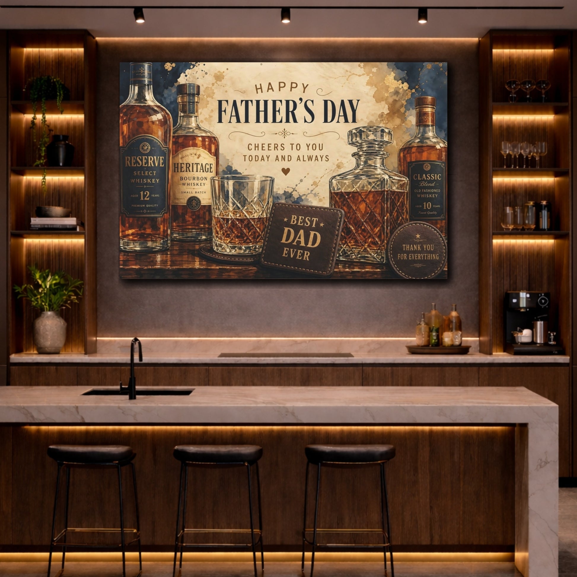 Mockup 2. Vintage Whiskey Bottles Father'S Day Whiskey shown as stretched canvas wall art
