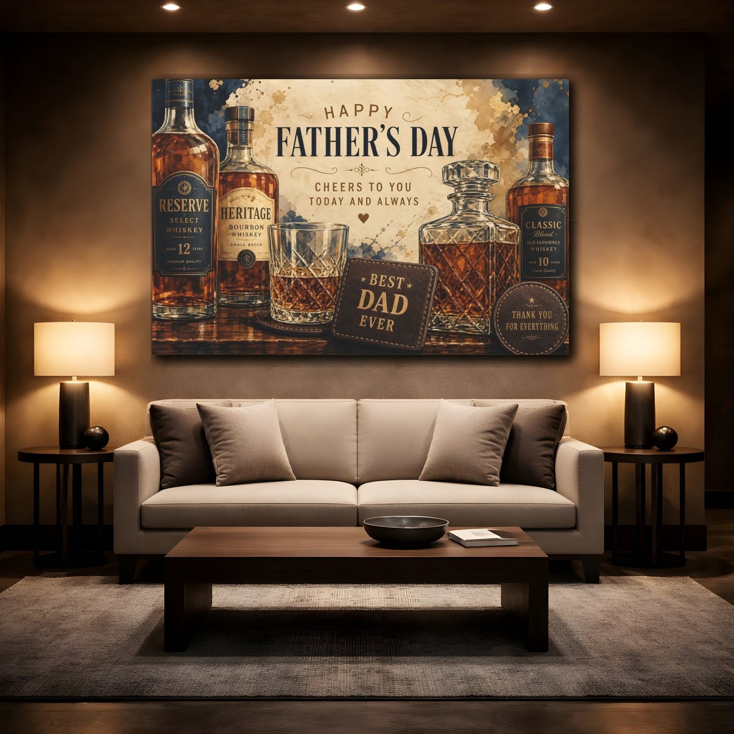 Mockup 3. Vintage Whiskey Bottles Father'S Day Whiskey shown as stretched canvas wall art