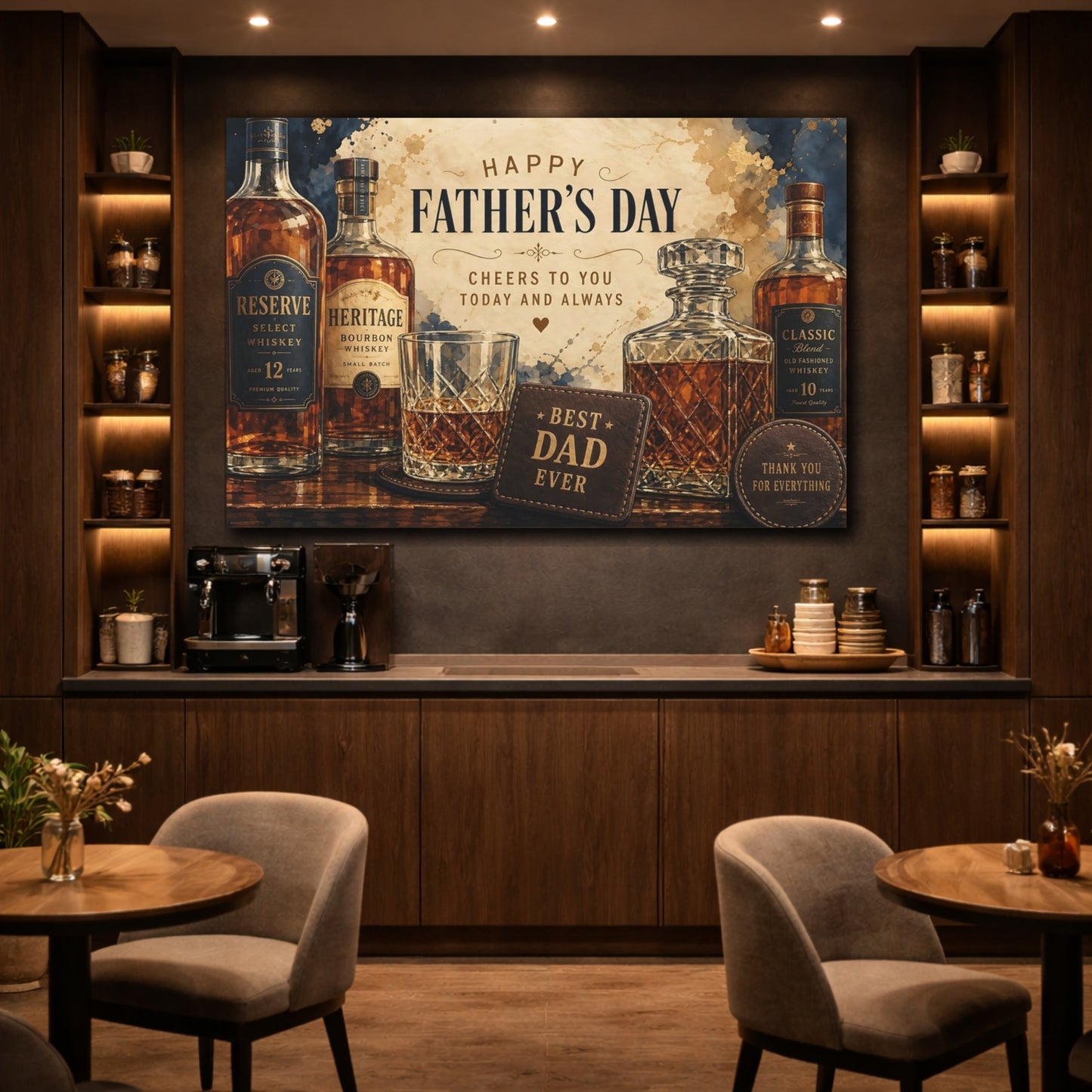 Mockup 4. Vintage Whiskey Bottles Father'S Day Whiskey shown as stretched canvas wall art
