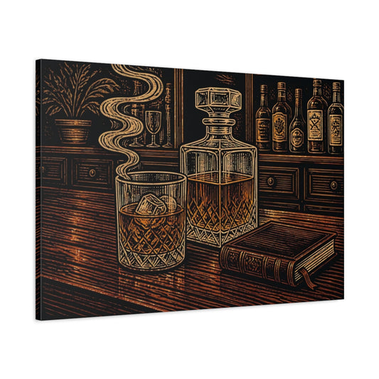 Main Mockup. Vintage Whiskey Decanter Whiskey Brown shown as stretched canvas wall art