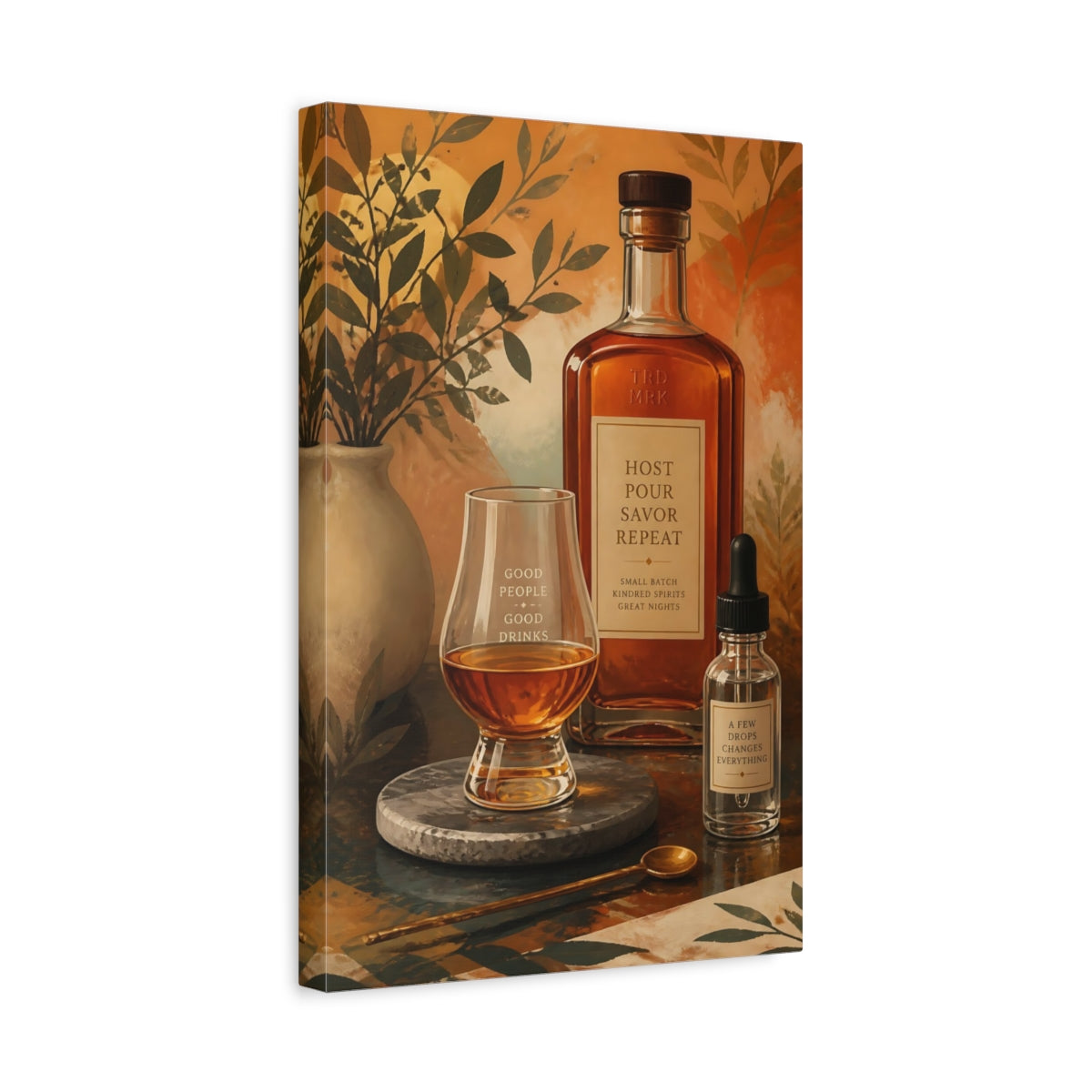 Side Mockup 4. Vintage Whiskey Still Life Amber Drink Decor shown as stretched canvas wall art