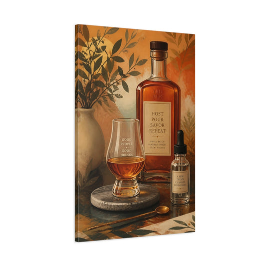 Main Mockup. Vintage Whiskey Still Life Amber Drink Decor shown as stretched canvas wall art